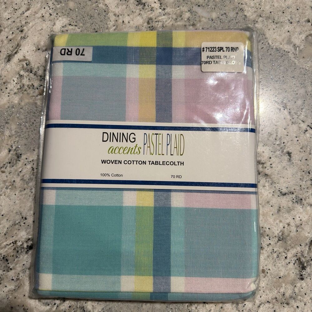 Dining Accent Pastel Plaid 70” Round Cotton Tablecloth Spring Easter Kitchen New